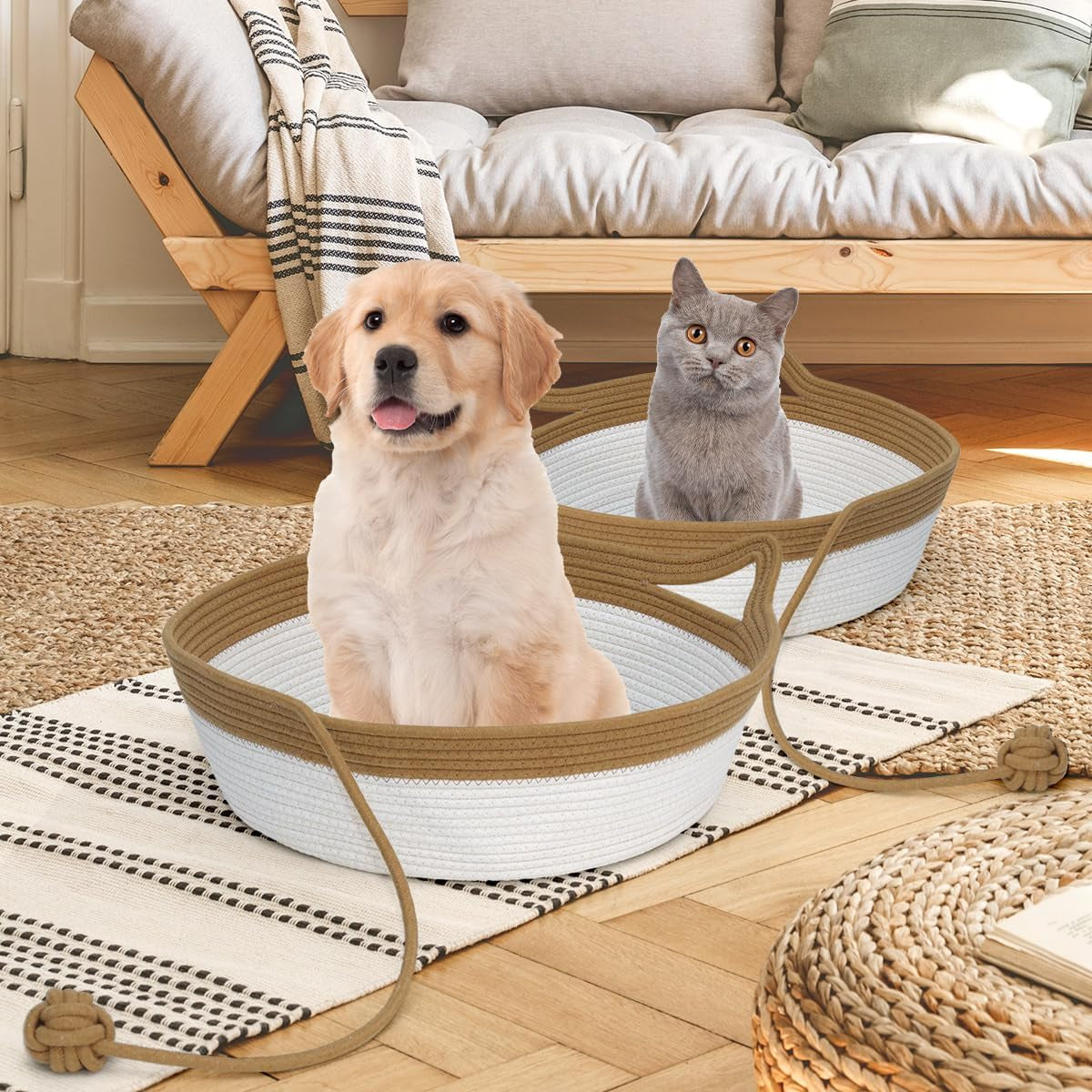 Cotton Rope Woven Cat Bed, Pet Sleeping Bed with a Playing Rope Ball, Foldable Sleeping Basket for Cats, Puppies, Rabbits and Small Pets (Large, Brown & Beige)