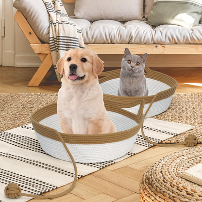 Cotton Rope Woven Cat Bed, Pet Sleeping Bed with a Playing Rope Ball, Foldable Sleeping Basket for Cats, Puppies, Rabbits and Small Pets (Large, Brown & Beige)