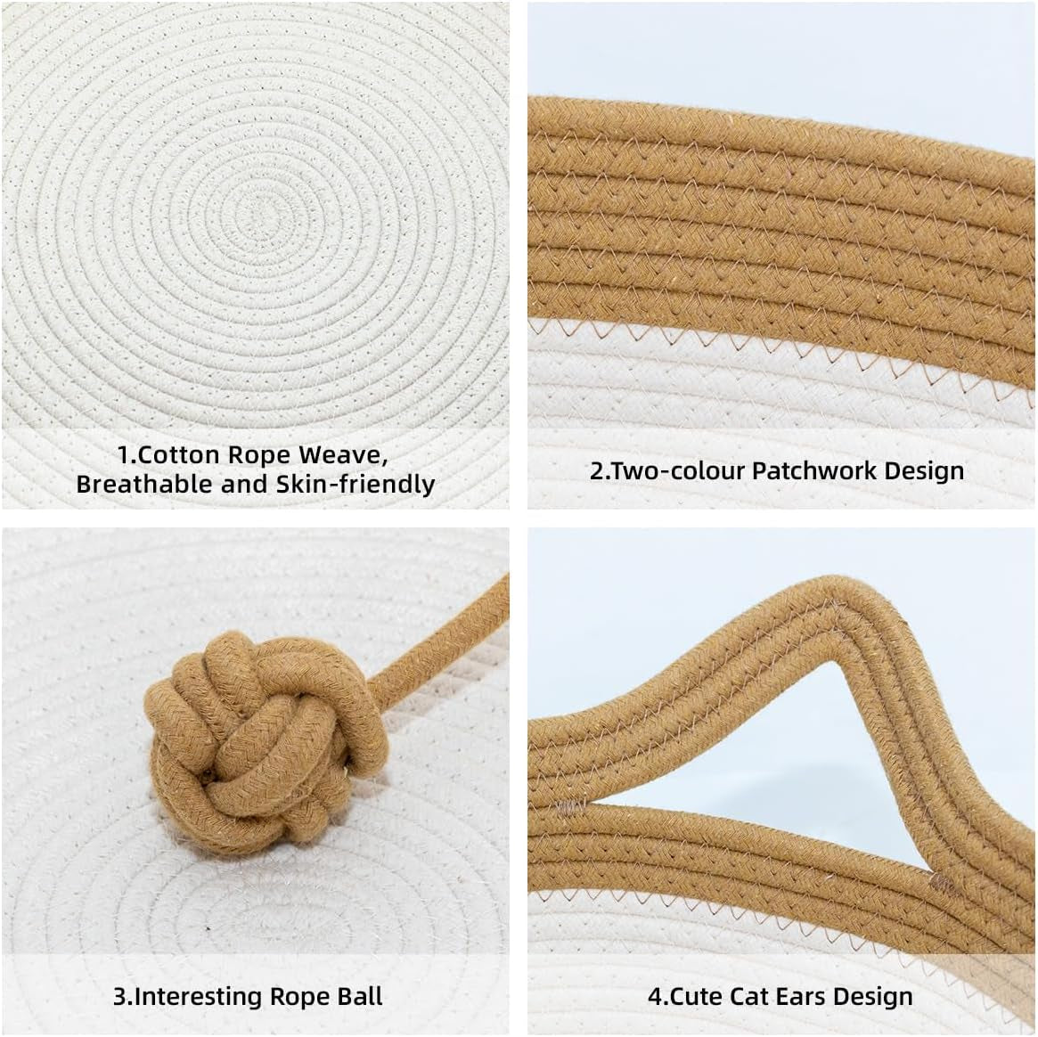Cotton Rope Woven Cat Bed, Pet Sleeping Bed with a Playing Rope Ball, Foldable Sleeping Basket for Cats, Puppies, Rabbits and Small Pets (Large, Brown & Beige)