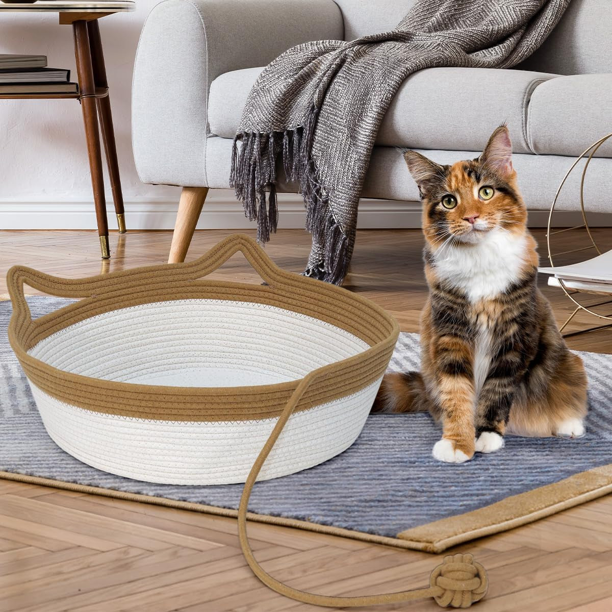Cotton Rope Woven Cat Bed, Pet Sleeping Bed with a Playing Rope Ball, Foldable Sleeping Basket for Cats, Puppies, Rabbits and Small Pets (Large, Brown & Beige)
