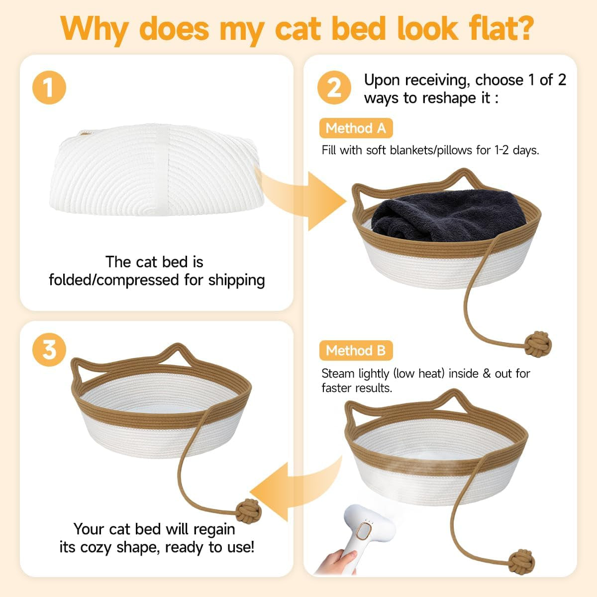 Cotton Rope Woven Cat Bed, Pet Sleeping Bed with a Playing Rope Ball, Foldable Sleeping Basket for Cats, Puppies, Rabbits and Small Pets (Large, Brown & Beige)