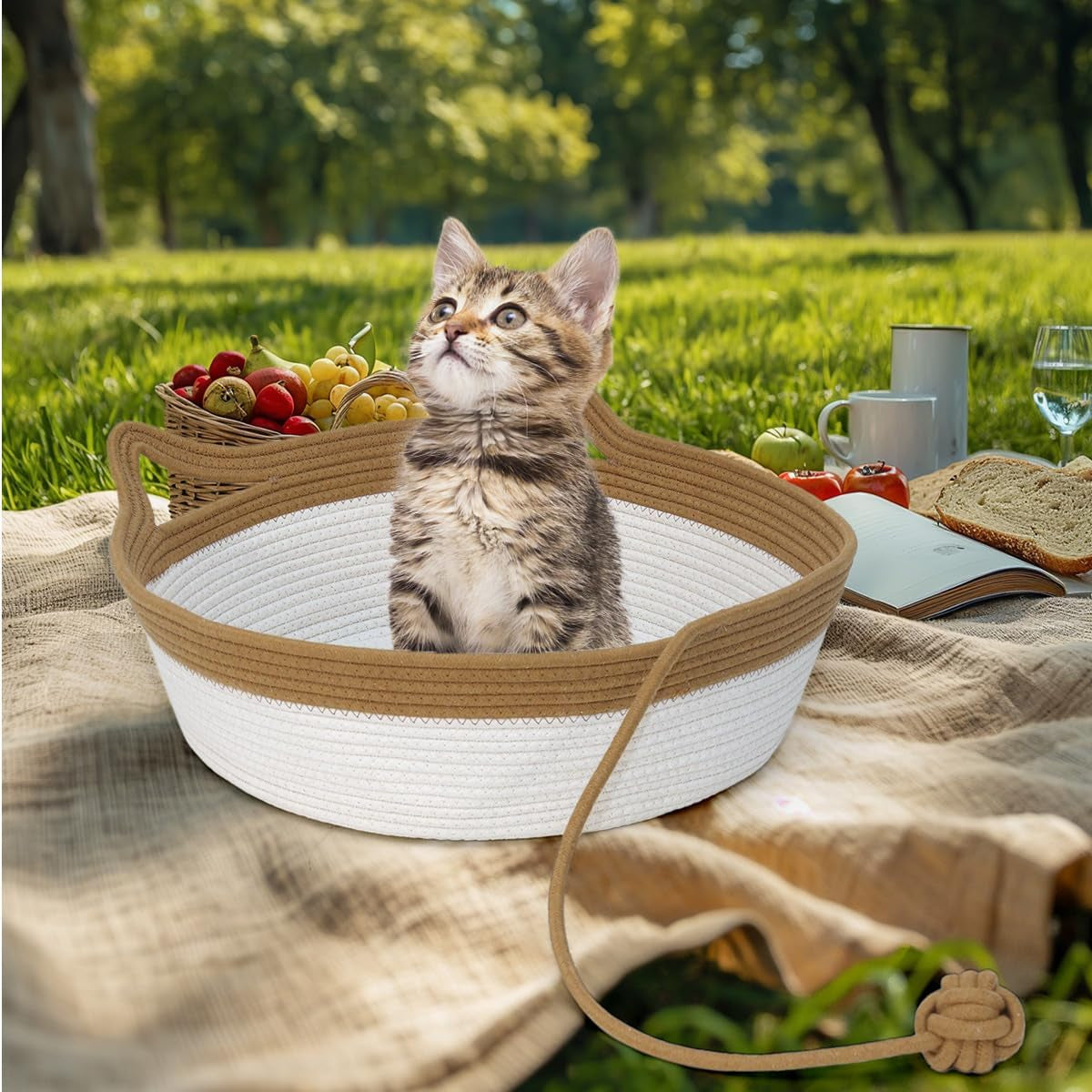 Cotton Rope Woven Cat Bed, Pet Sleeping Bed with a Playing Rope Ball, Foldable Sleeping Basket for Cats, Puppies, Rabbits and Small Pets (Large, Brown & Beige)