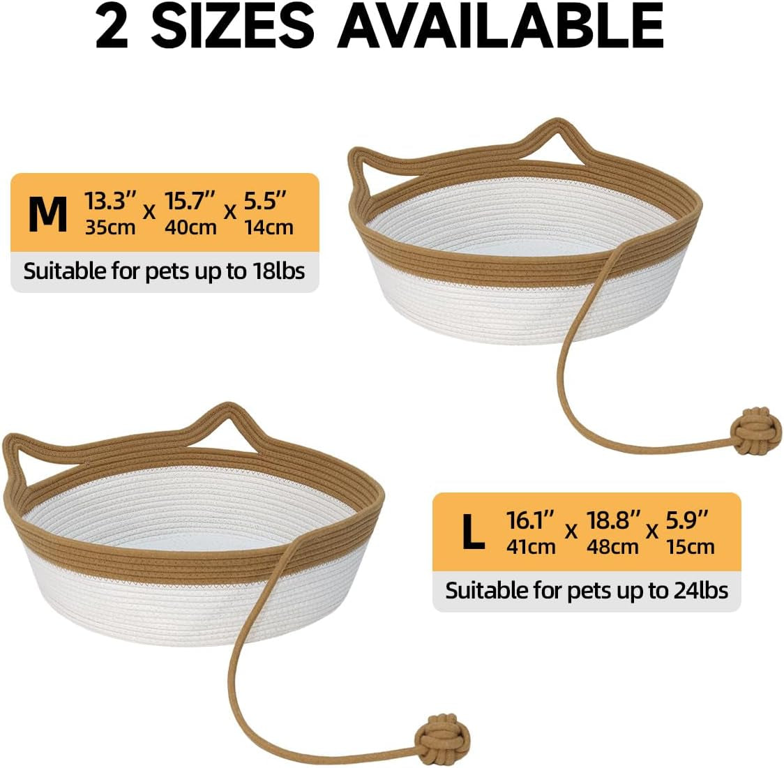 Cotton Rope Woven Cat Bed, Pet Sleeping Bed with a Playing Rope Ball, Foldable Sleeping Basket for Cats, Puppies, Rabbits and Small Pets (Large, Brown & Beige)